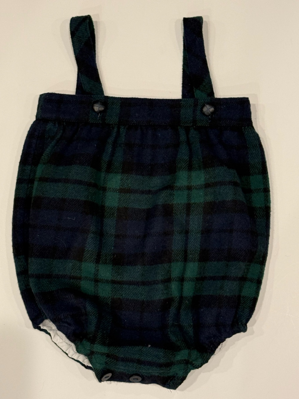 La Coqueta Black Watch Plaid Bubble Romper | 12M | Artisan Made | EUC